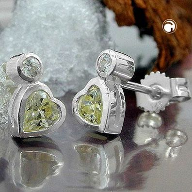 Ohrstecker Ohrring 8x5mm Herz mit Zirkonia und synthetischem Peridot Silber 925