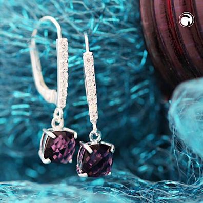 Ohrbrisur Ohrhänger Ohrringe 26x6mm Glasstein amethystfarben mit Zirkonias Silbe