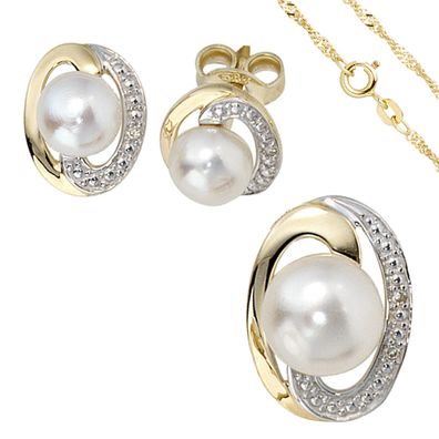 Schmuck-Set 585 Gelbgold bicolor 3 Perlen 4 Diamanten Ohrringe und Kette 42 cm