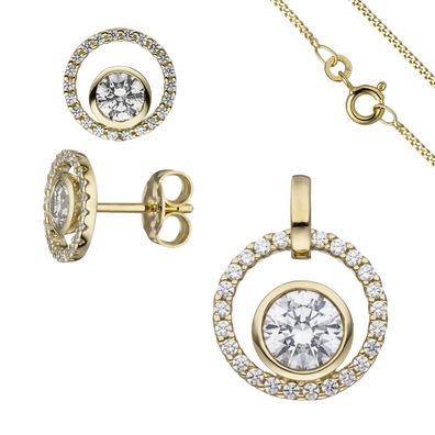 Schmuck-Set 333 Gold Gelbgold mit Zirkonia Ohrstecker und Kette 45 cm