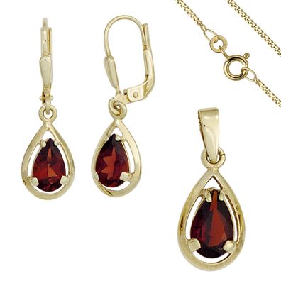 Schmuck-Set 333 Gold Gelbgold 3 Granate rot Ohrringe und Kette 42 cm