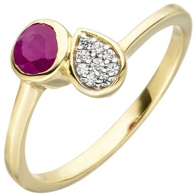 Gr. 50 - Damen Ring 333 Gold Gelbgold 1 Rubin rot 9 Zirkonia Rubinring