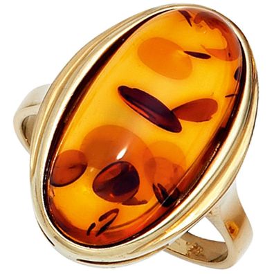 Gr. 50 - Damen Ring 375 Gold Gelbgold 1 Bernstein-Cabochon orange Bernsteinring