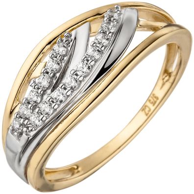 Gr. 50 - Damen Ring 375 Gold Gelbgold bicolor 15 Zirkonia Goldring