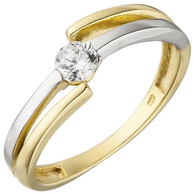 Gr. 50 - Damen Ring 333 Gold Gelbgold Weißgold bicolor 1 Zirkonia Goldring