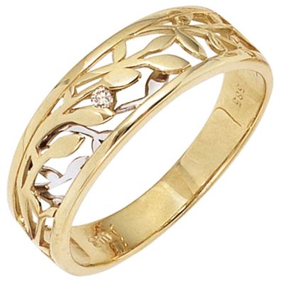 Gr. 50 - Damen Ring 585 Gold Gelbgold Weißgold bicolor 1 Diamant Brillant 0,02ct