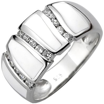 Gr. 50 - Damen Ring 925 Sterling Silber 15 Zirkonia und weiße Emaille-Einlage