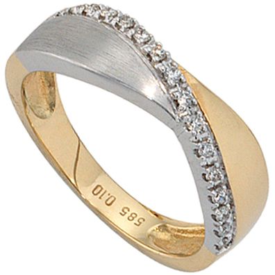 Gr. 50 - Damen Ring 585 Gold Gelbgold Weißgold bicolor matt 16 Diamanten Brillan