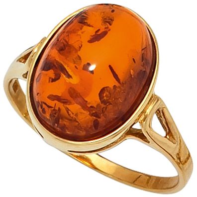 Gr. 52 - Damen Ring 375 Gold Gelbgold 1 Bernstein-Cabochon orange Bernsteinring