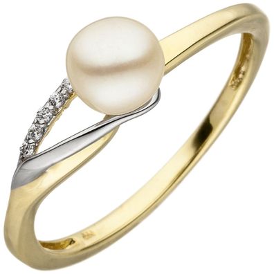 Gr. 52 - Damen Ring 333 Gelbgold Weißgold bicolor 1 Süßwasser Perle 6 Zirkonia