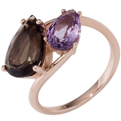 Gr. 52 - Damen Ring 585 Gold Rotgold 1 Rauchquarz braun 1 Amethyst lila violett