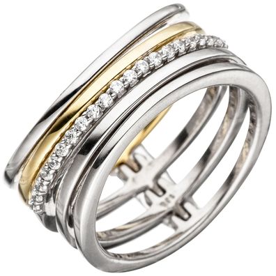 Gr. 52 - Damen Ring mehrreihig breit 925 Silber bicolor vergoldet mit Zirkonia S