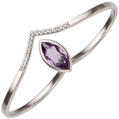 Gr. 52 - Damen Zweifinger Ring 333 Gold Weißgold 1 Amethyst 16 Zirkonia Zweifing