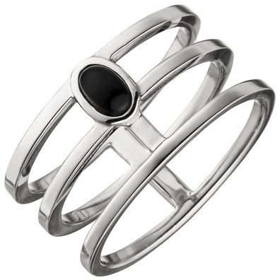 Gr. 54 - Damen Ring 3-reihig breit 925 Sterling Silber 1 Onyx Silberring Onyxrin