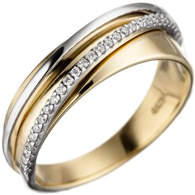 Gr. 54 - Damen Ring 585 Gold Gelbgold Weißgold bicolor 25 Diamanten Brillanten G
