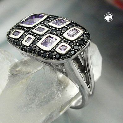 Gr. 54 - Ring 13x22mm mit Zirkonias lila-schwarz glänzend rhodiniert Silber 925