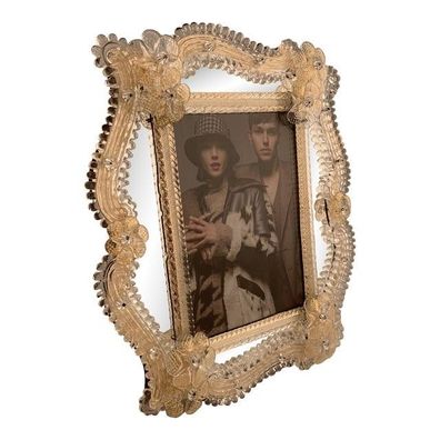 Contemporary Handmade Transparent and Gold Murano Glass Photo Frame With Flowers