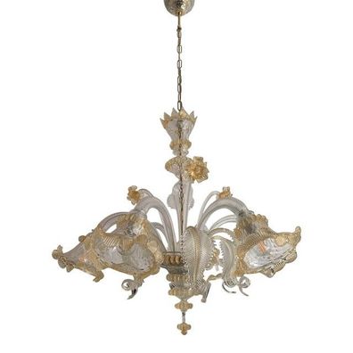 Venetian Transparent and Gold Murano Style Glass Chandelier With Flowers and Leaves