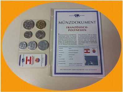 DAS GELD DER WELT Französisch-Polynesien KMS + Münzdokument 7 M. MDM selten TOP