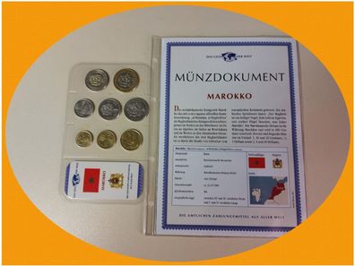 DAS GELD DER WELT Marokko (Dirham) KMS + Münzdokument 8 Münzen MDM selten TOP