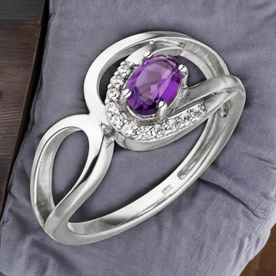 Damen Ring 333 Gold Weißgold 11 Zirkonia 1 Amethyst lila violett Weißgoldring