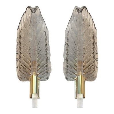 Set of Two Mid-Century Modern Gray Leaf Murano Glass Wall Sconce by SimoEng