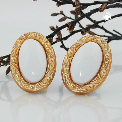 Clip Ohrring 30x21mm oval weiß mit Rahmen goldfarbig Kunststoff-Bouton