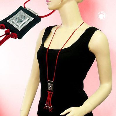Kette Kunststoff Viereck schwarz altsilberfarben Velourband rot 100cm