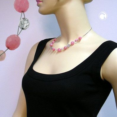 Kette Drahtkette mit Glasperlen Facettenperle sattrosa und silber-verspiegelt 45