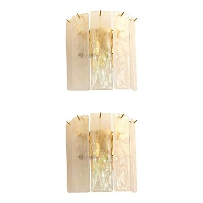 Set of Two Venied-White Alabastro Strips “Listelli” Murano Glass Gold 24k Wall Sconce