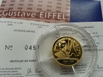 Original 50 euro 2009 PP Frankreich Gustave Eiffel 8,45g Gold PP - Rarität