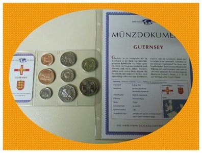 DAS GELD DER WELT Guernsey (Pfund) KMS + Münzdokument 8 Münzen MDM selten TOP