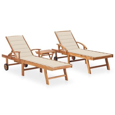 vidaXL Sonnenliegen 2 Stk. mit Tisch und Auflagen Massivholz Teak