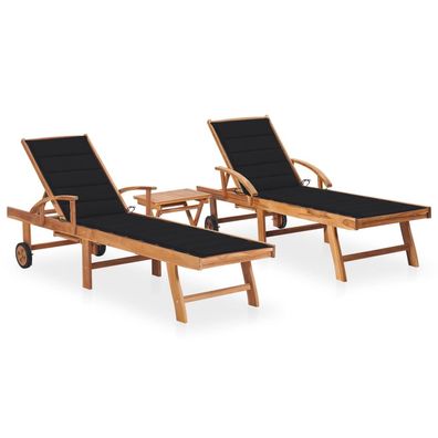 vidaXL Sonnenliegen 2 Stk. mit Tisch und Auflagen Massivholz Teak