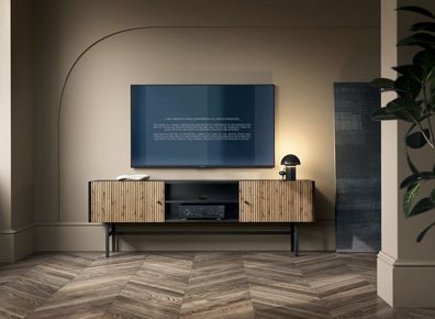 TV-SCHRANK ADIVA Loft Lowboard mit Nischen, mattschwarz mit Lamellen