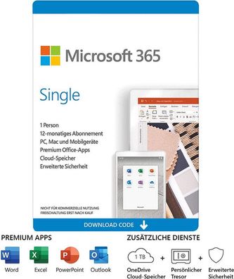 Microsoft Office 365 Single, 1 Nutzer, 1 Jahr, 5 Geräte (Win, Mac, Android, iOS