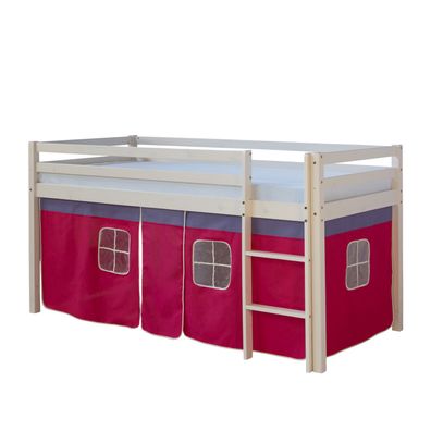 Kinderbett Hochbett Massiv Kiefer weiß pinker Vorhang, pielbett 538