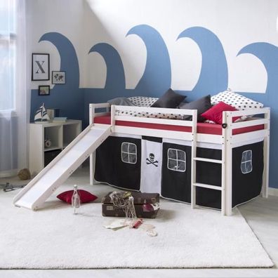 Hochbett Spielbett Kinderbett Rutsche Kiefer Vorhang schwarz 90x200 Jugendbett 1542