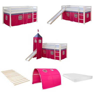 Hochbett 90x200 cm Stockbett Kinderbett Holz Kiefer Spielbett Vorhang Turm Tunnel