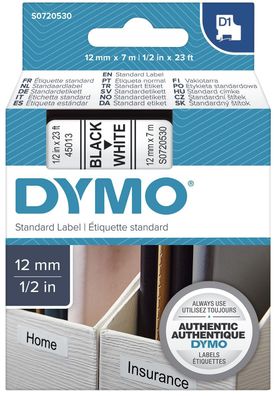 Dymo® S0720530 Schriftband D1 Kunststoff - laminiert, 7 m x 12 mm, Schwarz/Weiß