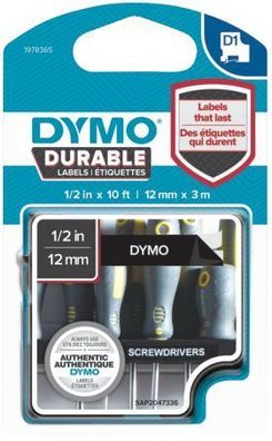 Dymo® 1978365 Schriftband D1 Vinylband - 12 mm x 3 m, weiß auf schwarz