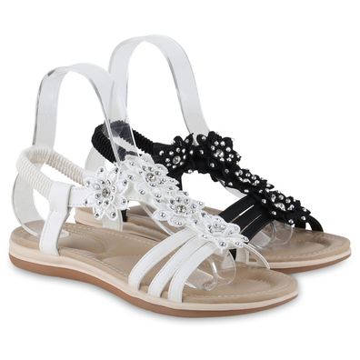 VAN HILL Damen Riemchensandalen Sandalen Strass Blumen Schuhe 841037