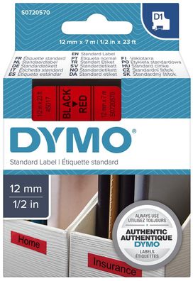 Dymo® S0720570 Schriftband D1 Kunststoff - laminiert, 7 m x 12 mm, Schwarz/Rot