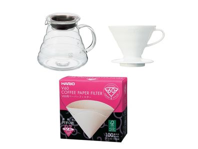 Hario Kaffee Set Kaffekanne mit passendem Kaffefilter und Filterpapier Größe 2