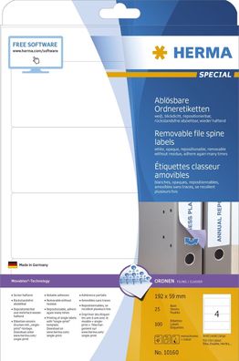 Herma 10160 10160 Ordneretiketten A4 weiß 192x59 mm Movables/ablösbar, 100 Stück