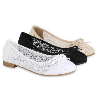 VAN HILL Klassische Damen Ballerinas Spitzenstoff Schleifen Flats Slippers 820550