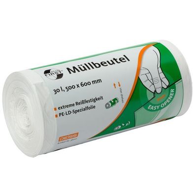 DEISS 36021 Müllbeutel First Plus - 30 Liter, weiß, 50 Stück, LDPE