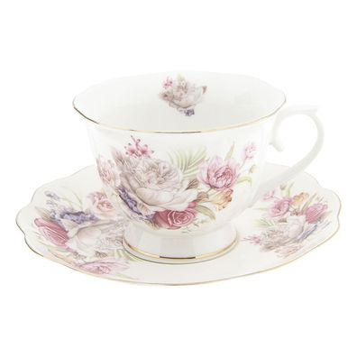 Clayre & Eef Tasse mit Untertasse 250 ml Rosa Weiß Porzellan Rund Blumen