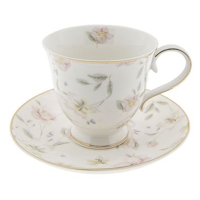 Clayre & Eef Tasse mit Untertasse 220 ml Weiß Rosa Porzellan Rund Blumen