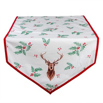 Clayre & Eef Weihnachtlicher Tischläufer 50x160 cm Weiß Rot Baumwolle Hirsch und